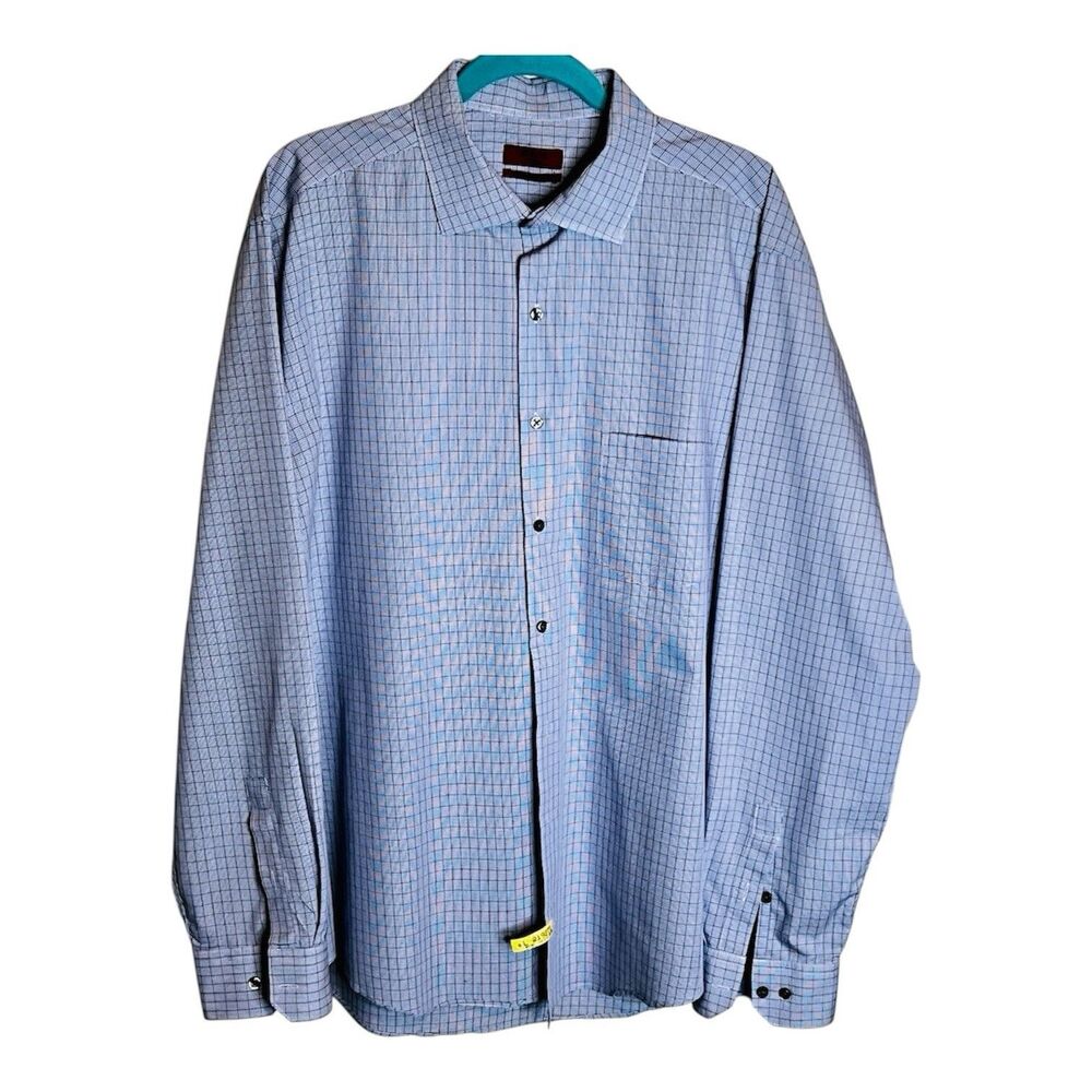 Alfani Mens Fitted Plaid Button Down Shirt Sz XL  17.5 Blue White Stretch Fabric